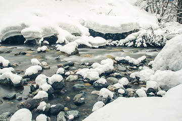 Image showing View of the winter mountain river, blurred by a slow shutter speed