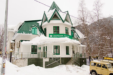 Image showing Dombay, Russia - 7 February 2015: The building of additional office ?8585 / 016 Sberbank of Russia, located in the small town of Dombay