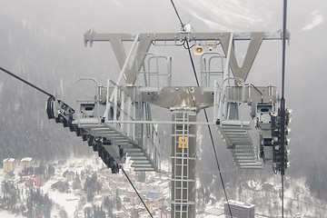 Image showing Dombay, Russia - 7 February 2015: support a monorail ropeway at ski resort Dombay