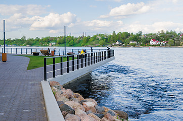 Image showing Narva River embankment with vacationers people and the border of Russia and the European Union