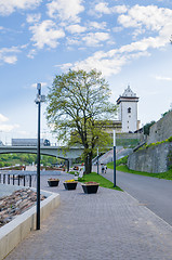 Image showing Narva River embankment with vacationers people and the border of Russia and the European Union