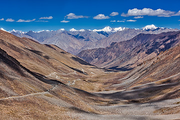 Image showing Karakorum Range and road in valley, Ladakh, India