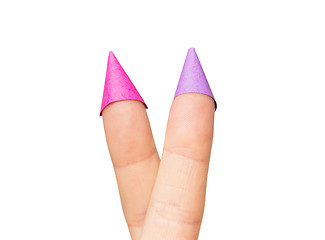 Image showing close up of two fingers in party hats