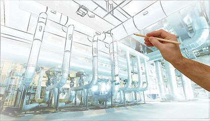 Image showing man\'s hand draws a design of factory combined with photo of mode