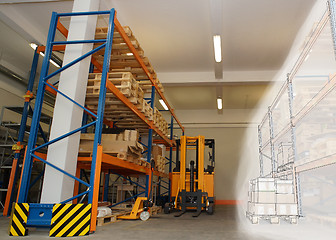 Image showing drawing combined with shelves and racks with pallets in distribu