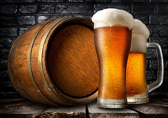 Image showing Beer and wooden keg
