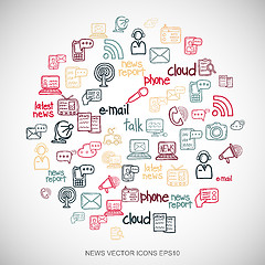 Image showing Multicolor doodles Hand Drawn News Icons set on White. EPS10 vector illustration.