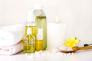 Image showing Spa setting with aroma oil, vintage style 