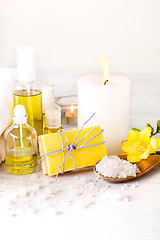 Image showing Spa setting with aroma oil, vintage style 