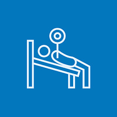 Image showing Man lying on bench and lifting barbell line icon.