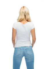 Image showing rear view of young woman in blank white t-shirt