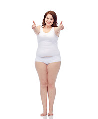 Image showing plus size woman in underwear showing thumbs up