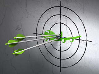 Image showing Travel concept: arrows in Airplane target on wall background