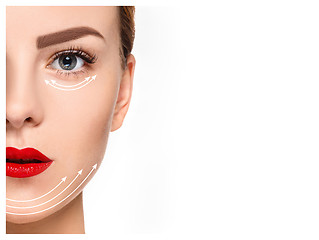 Image showing The young female face. Antiaging and thread lifting concept