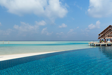 Image showing patio or terrace with canopy on beach sea shore