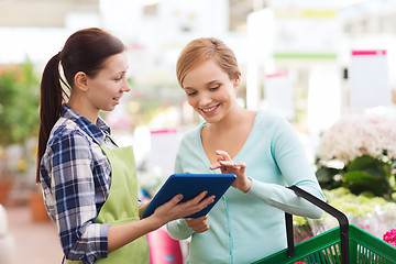 Image showing happy women with tablet pc in greenhouse