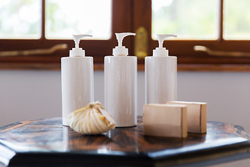 Image showing close up of liquid soap or body lotion at bathroom