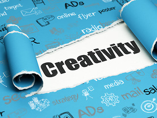 Image showing Marketing concept: black text Creativity under the piece of  torn paper