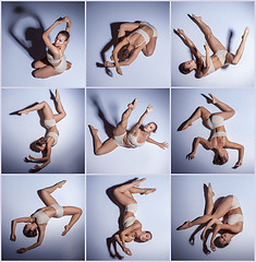 Image showing The collage from images of young beautiful dancer in beige swimwear 