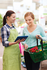 Image showing happy women with tablet pc in greenhouse