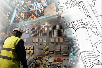 Image showing engineering man working on power plant as operator against drawi