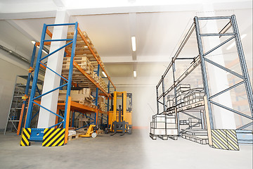 Image showing drawing combined with shelves and racks with pallets in distribu