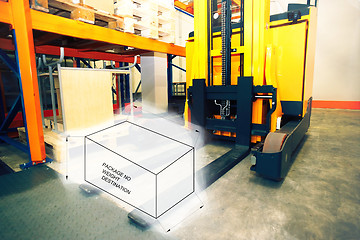 Image showing Drawing of package box combined with picture of forklift at ware