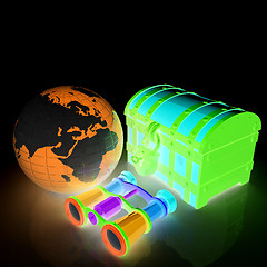 Image showing binoculars, Earth and chest