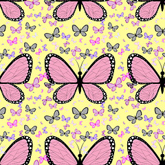 Image showing Large pink butterfly surrounded by small multicolored butterflie