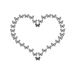 Image showing Heart shaped butterfly flight, black butterflies on a white back