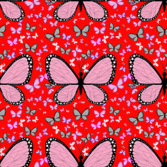 Image showing Large pink butterfly surrounded by small multicolored butterflie