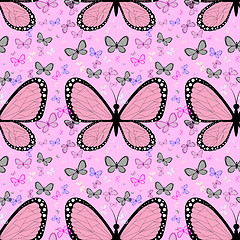 Image showing Large pink butterfly surrounded by small multicolored butterflie