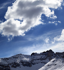 Image showing Snowy mountains in sun evening