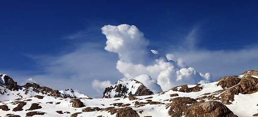 Image showing Panoramic view on snowy rocks at nice day