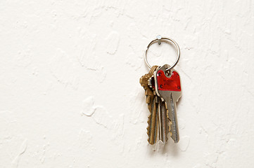 Image showing three different keys on wall.