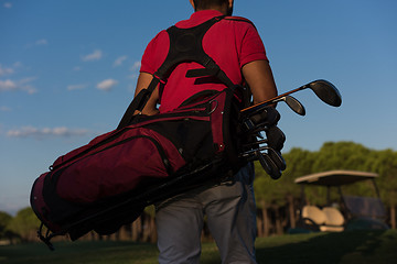 Image showing close up of golfers back while   walking and carrying golf  bag