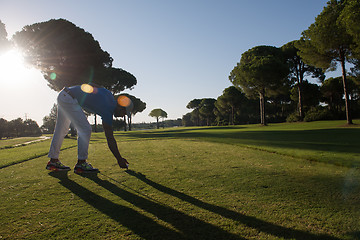 Image showing golf player placing ball on tee