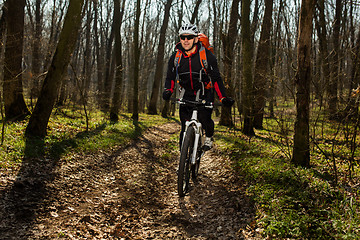 Image showing Mountain biker riding on bike in springforest landscape. 