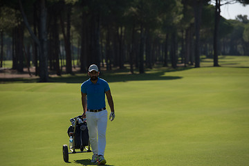 Image showing golf player walking with wheel bag