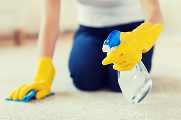 Image showing close up of woman with cloth cleaning carpet