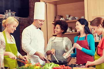 Image showing happy women and chef cook cooking in kitchen