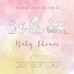 Image showing watercolor baby girl shower card with retro toys