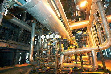 Image showing Industrial zone, Steel pipelines, valves, gauges and walkways