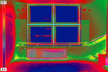 Image showing Thermal Image of Radiator Heater and a window on a building