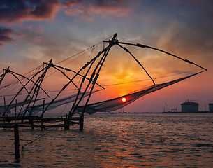 Image showing Chinese fishnets on sunset. Kochi, Kerala, India