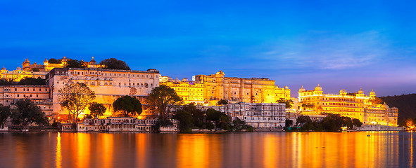 Image showing Udaipur City Palace in the evening panoramic view. Udaipur, Indi