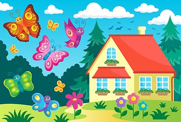 Image showing House and happy butterflies