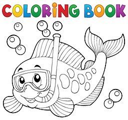 Image showing Coloring book fish snorkel diver