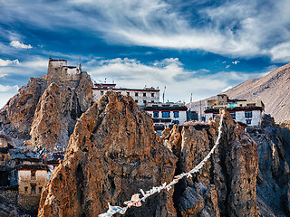 Image showing Dhankar gompa Tibetan Buddhist monastery and prayer flags lungta