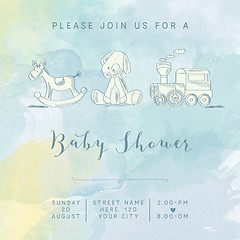 Image showing watercolor baby boy shower card with retro toys